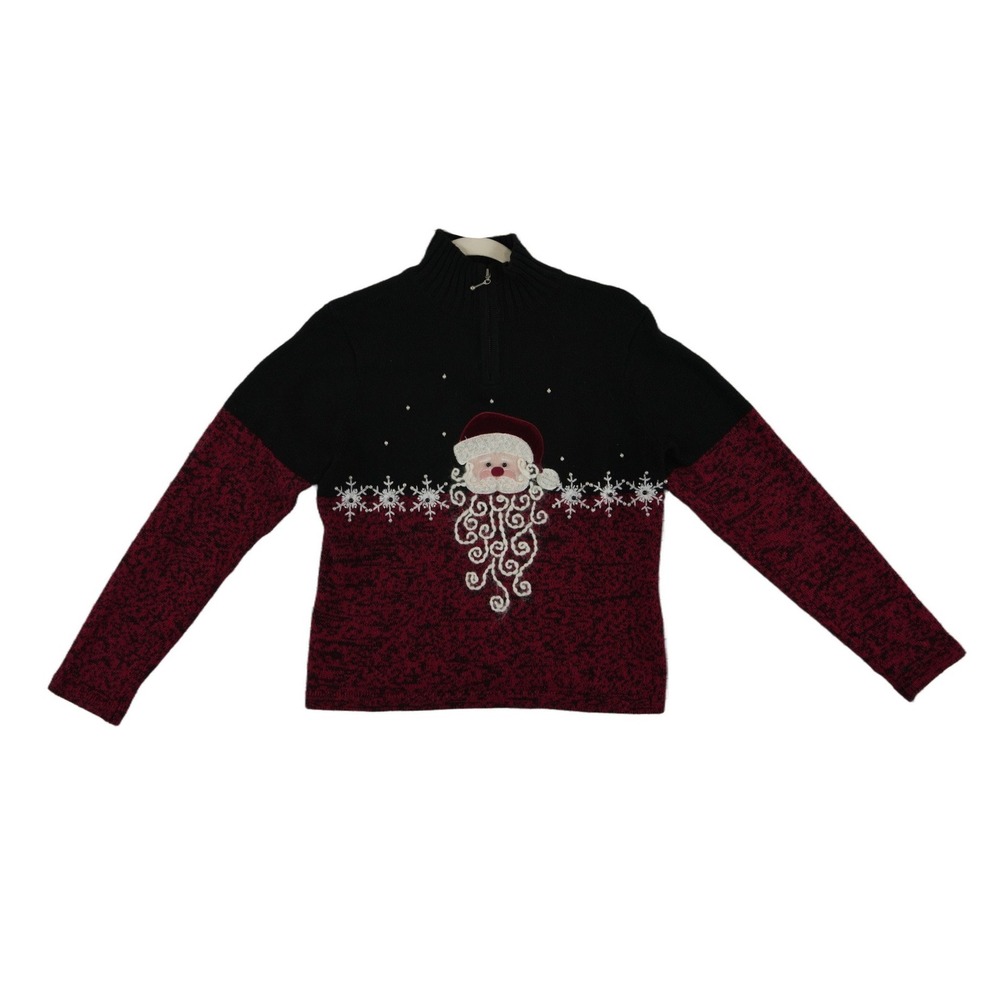 Mandal Bay Santa Christmas Sweater Women's Size Small Black Burgundy Vintage
